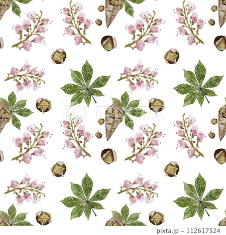 Seamless pattern with chestnut leaves and flowers. Paper bag with roasted chestnuts. Watercolor print for textile or wallpaper. 112617524