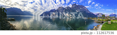 Italy travel ,scenic Garda lake , Trento province.  Lago di Garda. Wonderful autumn scenery. sunny morning in Riva del Garda. 112617536