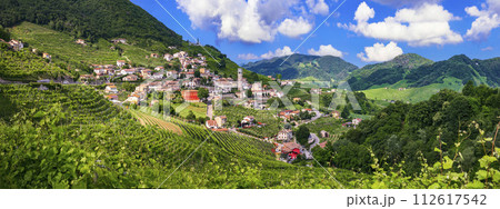 famous wine region in Treviso, Italy. Valdobbiadene hills and vineyards on the famous prosecco wine route. famous wine region in Treviso, Italy. Valdobbiadene hills and vineyards on the famous prosecco wine route. 112617542