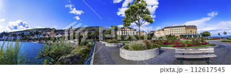 Switzerland . scenic Neuchatel town, lake and canton. Swiss travel destinations. 112617545