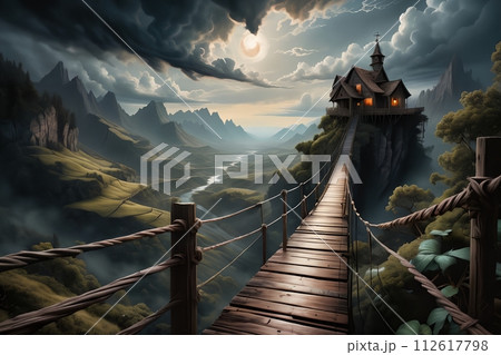 wooden bridge over an abyss in the mountains 112617798