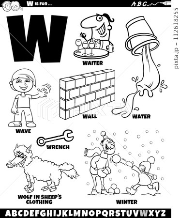 Letter W set with cartoon objects and characters coloring page 112618255