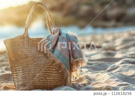 Summer mood. Straw bag on sandy beach. Generative AI 112618256