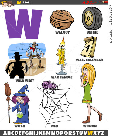 Letter W set with cartoon objects and characters 112618257