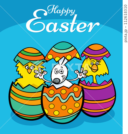 cartoon Easter bunny and chicks hatched from eggs greeting card 112618310