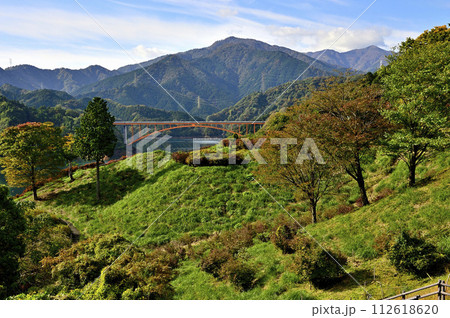 秋の鳥居原園地と虹の大橋と紅葉の丹沢山地 秋の鳥居原園地と虹の大橋と紅葉の丹沢山地 112618620
