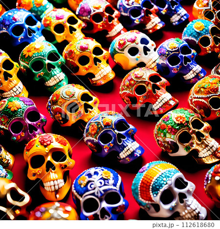 AI-generated content. An assortment of colorful decorated skulls. AI-generated content. An assortment of colorful decorated skulls. 112618680