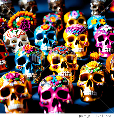 AI-generated content. An assortment of decorated Day of the Dead skulls. AI-generated content. An assortment of decorated Day of the Dead skulls. 112618688