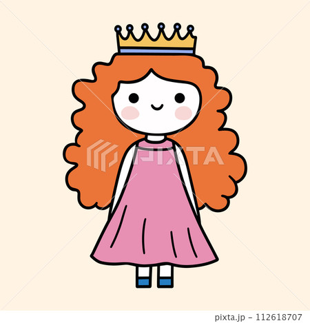 Cute cartoon princess with long ginger hair. Simple vector illustration of pretty girl with orange hair, wearing pink dress and gold crown. 112618707