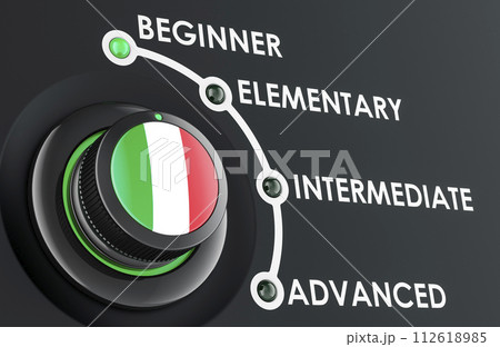 Italian levels, learning and improvement Italian language, concept with scale knob. 3D rendering 112618985