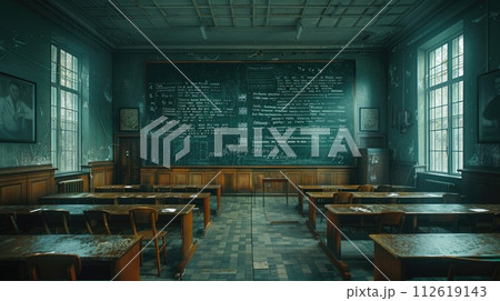 AI-generated content. A detailed view of an empty classroom with desks neatly arranged and a chalkboard at the front of the room. AI-generated content. A detailed view of an empty classroom with desks neatly arranged and a chalkboard at the front of the room. 112619143