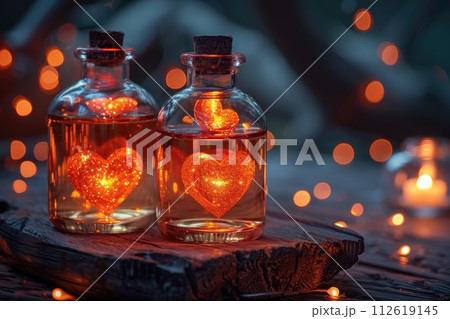 AI-generated content. Several bottles glowing with internal lights, creating a magical and enchanting atmosphere. 112619145