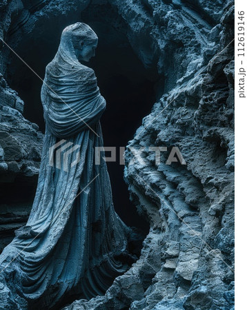 AI-generated content. Antique stone sculpture of a woman standing inside a dimly lit cave. 112619146