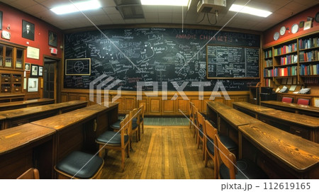 AI-generated content. An empty auditorium filled with numerous wooden tables and chairs, ready for a production. 112619165