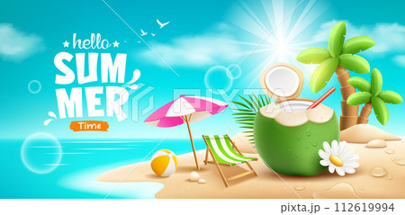 Coconuts fruit fresh and flower, beach umbrella, beach bed, summer holiday 112619994