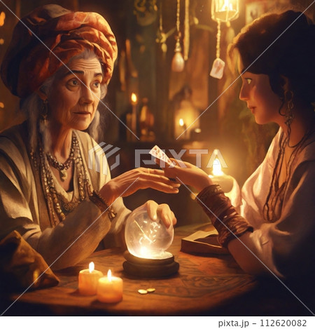 高齢の女性占い師に未来をみてもらう若い女性 112620082