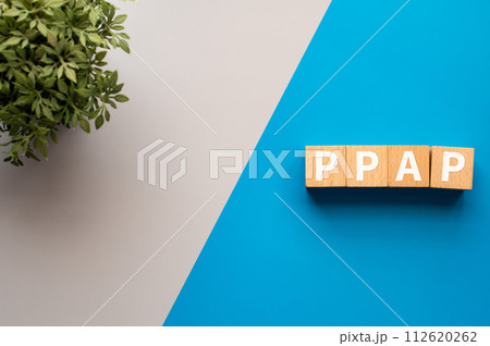 PPAPという単語のある木製の立方体があります。目を引く画像の略語です。 112620262