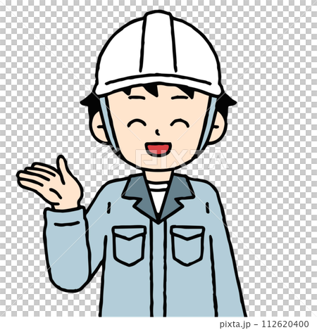 作業服を着た男性が案内している 作業服を着た男性が案内している 112620400