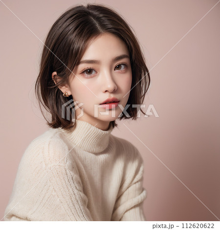 シンプルな背景のヘアケア、コスメ、化粧品のイメージの美しい女性 112620622