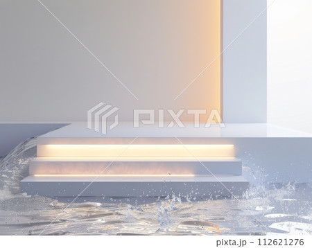 AI-generated content. Side Lighting Abstract Minimalistic Flat Podium. The Scene for Product Presentation. 3D Room with thin podium and water splashes. Ai Generated Podium Mockup for a Product 112621276
