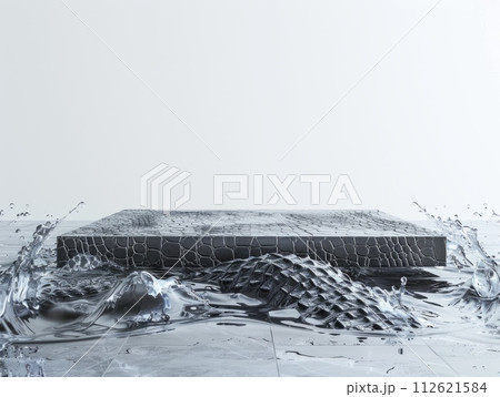 AI-generated content. Crocodile Skin Abstract Minimalistic Flat Podium. The Scene for Product Presentation. 3D Room with thin podium and water splashes. Ai Generated Podium Mockup for a Product 112621584