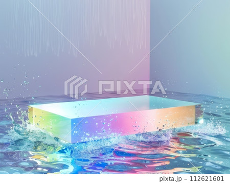 AI-generated content. Colorful Glass Abstract Minimalistic Flat Podium. The Scene for Product Presentation. 3D Room with thin podium and water splashes. Ai Generated Podium Mockup for a Product 112621601