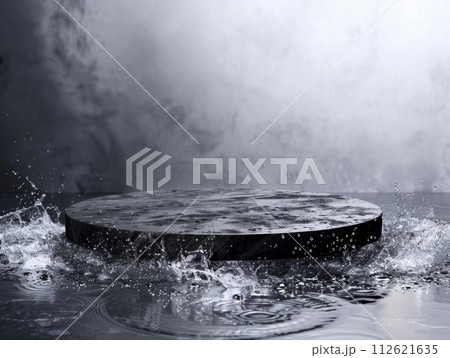 AI-generated content. Black Fur Abstract Minimalistic Flat Podium. The Scene for Product Presentation. 3D Room with thin podium and water splashes. Ai Generated Podium Mockup for a Product 112621635