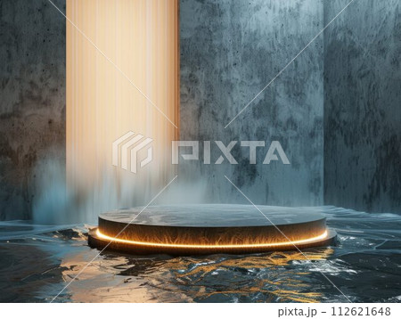 AI-generated content. Ambient Lighting Abstract Minimalistic Flat Podium. The Scene for Product Presentation. 3D Room with thin podium and water splashes. Ai Generated Podium Mockup for a Product 112621648