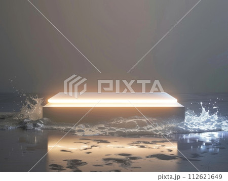 AI-generated content. Accent Lighting Abstract Minimalistic Flat Podium. The Scene for Product Presentation. 3D Room with thin podium and water splashes. Ai Generated Podium Mockup for a Product 112621649