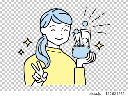 Increase in money A woman smiling and giving a peace sign 112621683