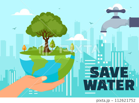 Water Saving Vector Illustration for Mineral Savings Campaign and Energy Utilization with Faucet and Earth Concept in Flat Cartoon Background 112621752