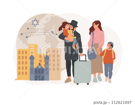 Diaspora isolated concept vector illustration. Jewish diaspora, forced movement, star of david, living outside, ethnic religious group, jewish communities, foreigners group vector concept. Diaspora isolated concept vector illustration. Jewish diaspora, forced movement, star of david, living outside, ethnic religious group, jewish communities, foreigners group vector concept. 112621897