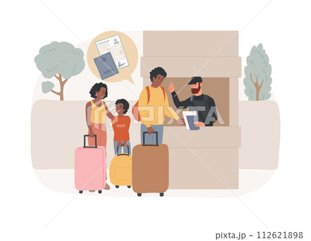 Migration control isolated concept vector illustration. Border control, illegal immigration, check documents, application form, fingerprints, inscription covid-19, passport vector concept. Migration control isolated concept vector illustration. Border control, illegal immigration, check documents, application form, fingerprints, inscription covid-19, passport vector concept. 112621898