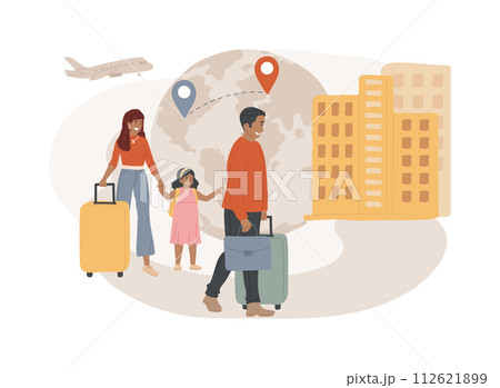 Immigration isolated concept vector illustration. International movement of people, residence permit, working visa, boarding control, sign documents, passport, green card vector concept. Immigration isolated concept vector illustration. International movement of people, residence permit, working visa, boarding control, sign documents, passport, green card vector concept. 112621899