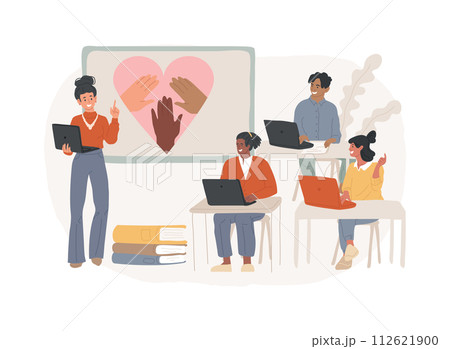 Integration of migrants isolated concept vector illustration. Society accepted migrants, integration courses, study at school, learn foreign languages, reading book, refugee group vector concept. Integration of migrants isolated concept vector illustration. Society accepted migrants, integration courses, study at school, learn foreign languages, reading book, refugee group vector concept. 112621900