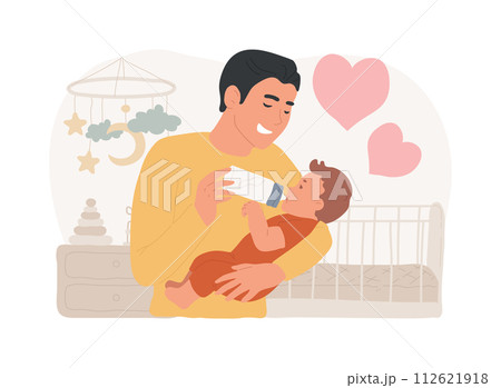 Single fathers isolated concept vector illustration. Single-parent family, fatherhood, happy kid, son and doughter, man feeding carrying baby, help in study, good dad vector concept. Single fathers isolated concept vector illustration. Single-parent family, fatherhood, happy kid, son and doughter, man feeding carrying baby, help in study, good dad vector concept. 112621918