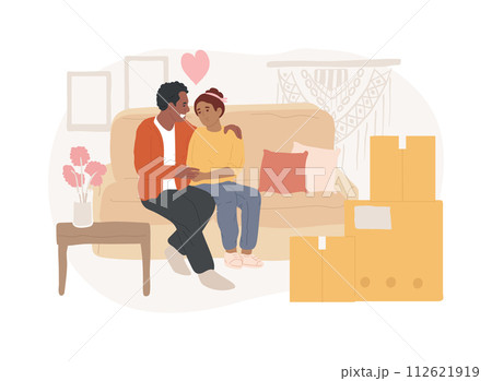 Cohabitation isolated concept vector illustration. Living together, cohabitation agreement, common law relationship, lovely couple, college roommate, moving together vector concept. Cohabitation isolated concept vector illustration. Living together, cohabitation agreement, common law relationship, lovely couple, college roommate, moving together vector concept. 112621919