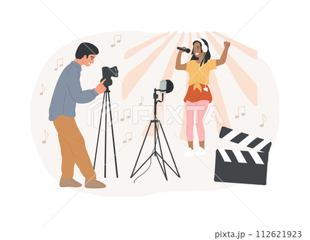 Music video isolated concept vector illustration. Official videoclip, internet and tv premiere, music video production, professional director, shooting crew, musician promotion vector concept. Music video isolated concept vector illustration. Official videoclip, internet and tv premiere, music video production, professional director, shooting crew, musician promotion vector concept. 112621923