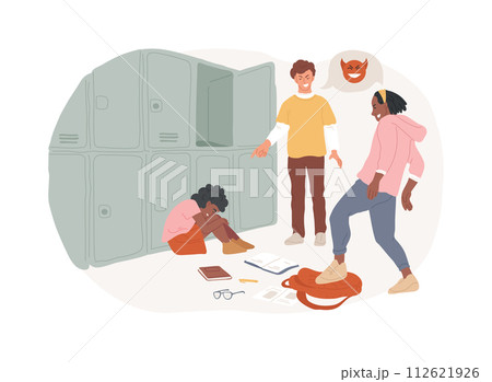 Youth violence isolated concept vector illustration. Gang violence, physical force, youth bullying, child abuse, cheering filming, school fight, teenager attack vector concept. Youth violence isolated concept vector illustration. Gang violence, physical force, youth bullying, child abuse, cheering filming, school fight, teenager attack vector concept. 112621926