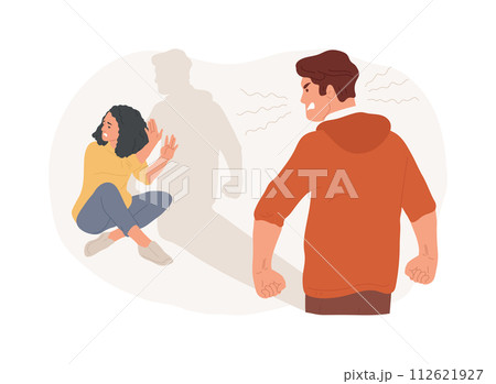 Domestic violence isolated concept vector illustration. Domestic physical sexual abuse, home violence, scared woman, ask for help, beating wife, harrasment, family conflict vector concept. Domestic violence isolated concept vector illustration. Domestic physical sexual abuse, home violence, scared woman, ask for help, beating wife, harrasment, family conflict vector concept. 112621927