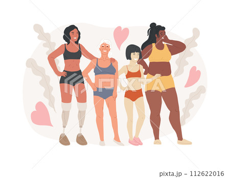 Body positive isolated concept vector illustration. Positive body image, diversity trend, positivity, acceptance of all body types, self-confidence, plus size brand promotion vector concept. 112622016