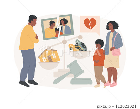 Matrimonial law isolated concept vector illustration. Family law, matrimonial property, child custody, divorce decree, scales of justice, sign document, judges gavel, agreement vector concept. 112622021