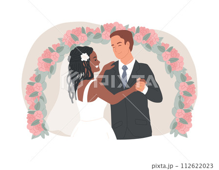 Mixed marriage isolated concept vector illustration. Interracial marriage, different races and religions, happy multiracial family, mixed couple, wedding day rings, traditional vector concept. 112622023