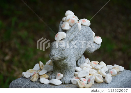 結び石に囲まれた白兎神社のウサギの石像 112622097