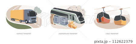 Public transport isolated concept vector illustration set. Surface, underground and cable transport, road and highway, trolleybus, bus stop, subway train station, passenger traffic vector concept. Public transport isolated concept vector illustration set. Surface, underground and cable transport, road and highway, trolleybus, bus stop, subway train station, passenger traffic vector concept. 112622379