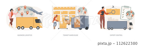 Smart logistics technologies isolated concept vector illustration set. Business logistics, transit warehouse, export control, business transportation, goods transfer, shipping vector concept. Smart logistics technologies isolated concept vector illustration set. Business logistics, transit warehouse, export control, business transportation, goods transfer, shipping vector concept. 112622380