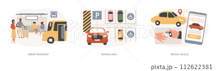 Car traffic isolated concept vector illustration set. Urban transport, parking area, rental vehicle, road sign, public transport, passenger, underground garage, carsharing vector concept. Car traffic isolated concept vector illustration set. Urban transport, parking area, rental vehicle, road sign, public transport, passenger, underground garage, carsharing vector concept. 112622381