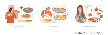 Classic european cuisine isolated concept vector illustration set. French and Italian cuisine, Mediterranean diet, fine dining restaurant, spaghetti recipe, healthy diet, gourmet vector concept. 112622396