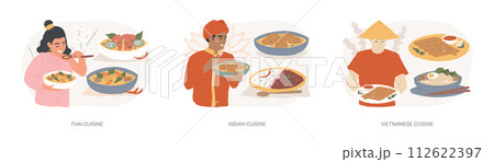 Oriental cuisine isolated concept vector illustration set. Thai, Indian and Vietnamese cuisine, spicy taste, asian recipe, homemade curry, vegetarian menu, spring roll, noodle vector concept. 112622397