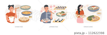 Asian food isolated concept vector illustration set. Chinese and Japanese food, Korean cuisine, oriental restaurant menu, asian spice, sushi takeout, dim sum, chopsticks eating vector concept. Asian food isolated concept vector illustration set. Chinese and Japanese food, Korean cuisine, oriental restaurant menu, asian spice, sushi takeout, dim sum, chopsticks eating vector concept. 112622398